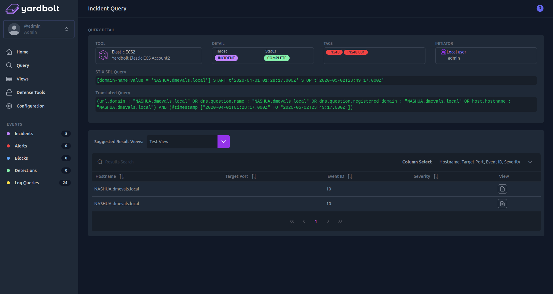 Yardbolt incident query: STIX pattern, its stix-shifter translation, and results
